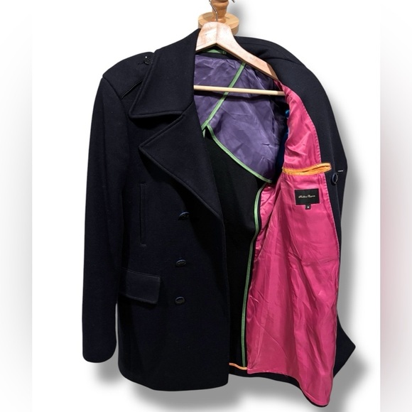 Holland Esquire Stylish Black Wool Double Breasted Peacoat Vibrant Lining Medium - Picture 3 of 11